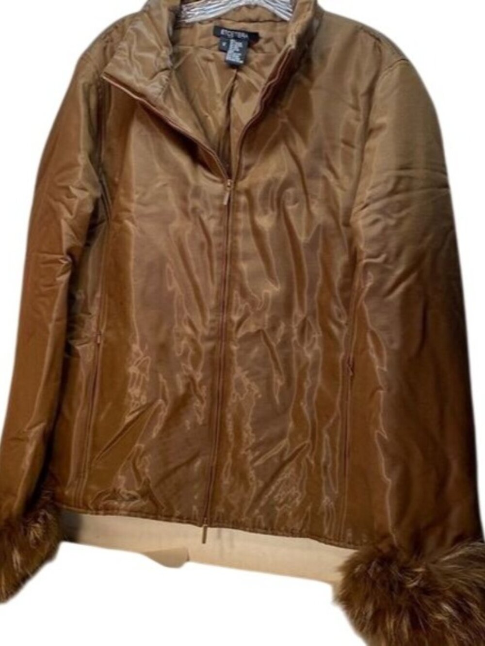 Etcetera Womens Brown Jacket W/Faux Fur Cuffs Size 12 Viscose Blend Zip Closure